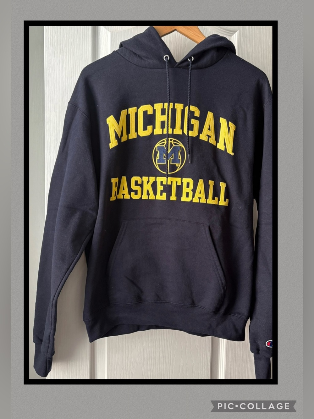 Champion Navy Michigan Basketball Hooded Sweatshirt with Yellow Logo